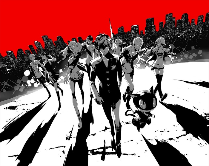 Persona 5 characters walking in front of a city skyline