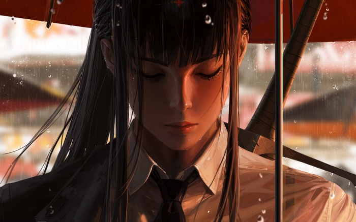 4K GUWEIZ fantasy art of a girl with a sword under an umbrella in the rain