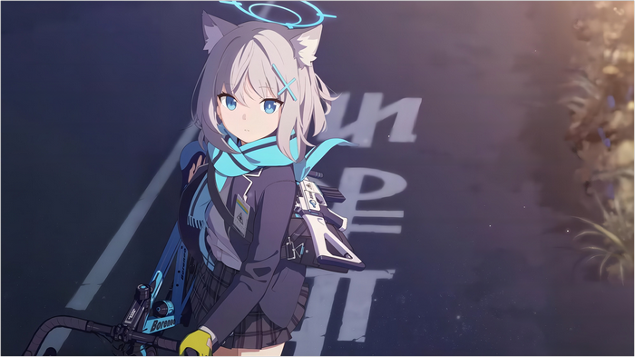 Shiroko with a bicycle and gun in Blue Archive