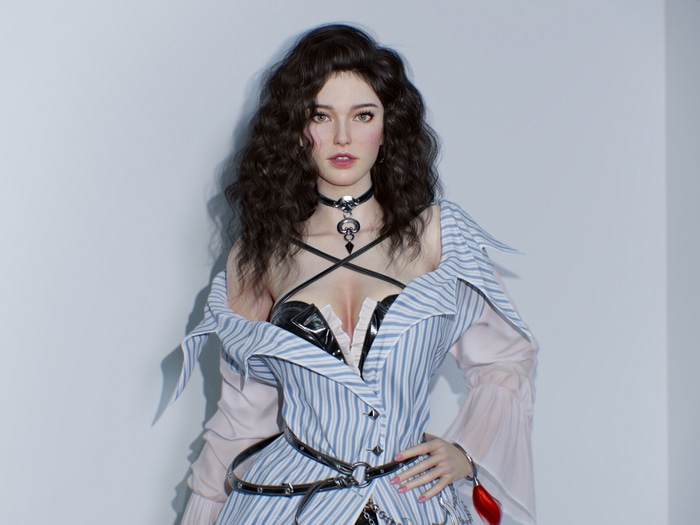 Woman with dark curly hair wearing a choker and striped dress