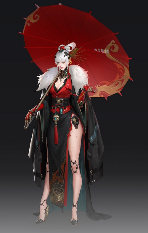Cyborg woman with red umbrella and fur collar