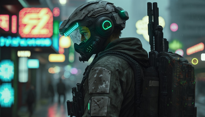 Soldier with gun and helmet in neon city