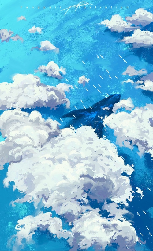 Whale and birds flying through clouds