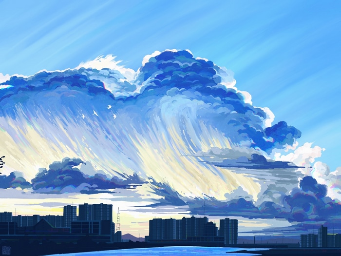 Artwork of a city skyline under dramatic clouds