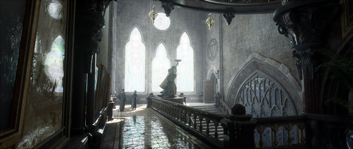 Hogwarts Legacy: Grand Hall with Statue and Stained Glass Windows
