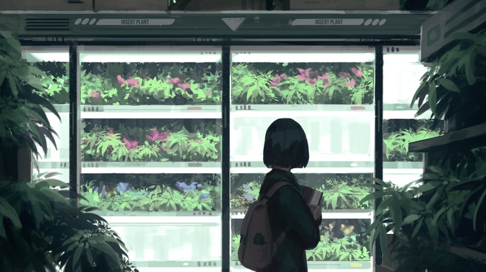 Girl with backpack looking at plants in a futuristic display