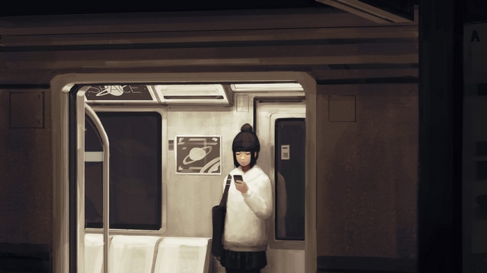 Girl with hairbun on train looking at phone