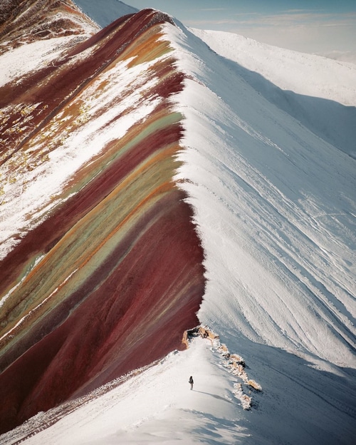 Rainbow Mountains in Peru with snow