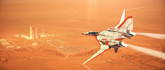 Robotech jet fighter flies over a Mars colony