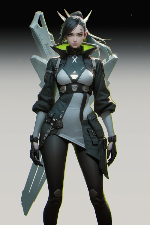 Tian Zi with dark hair and green eyes holding a weapon