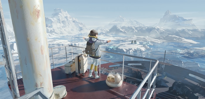 Girl on a ship in an icy landscape with penguins