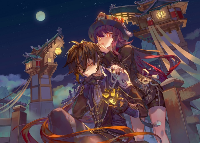 Hu Tao and Zhongli under a starry night sky