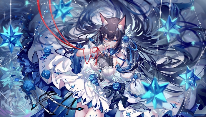 Anime girl with cat ears and blue flowers