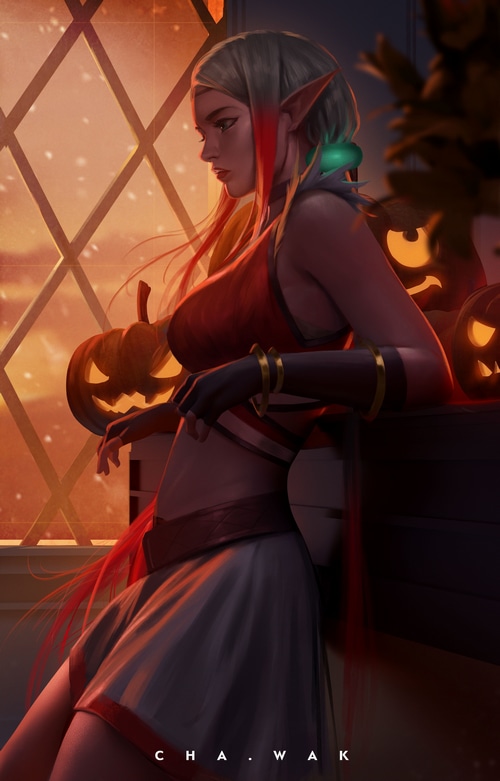 Elf woman with pumpkins and Halloween decorations