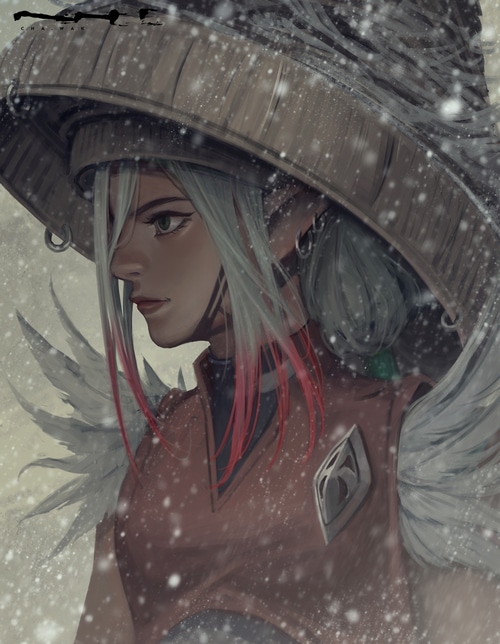 Fantasy girl with pointy ears and gradient hair in snow