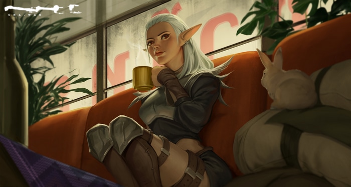Fantasy girl with pointy ears drinking from a mug on a couch with a rabbit