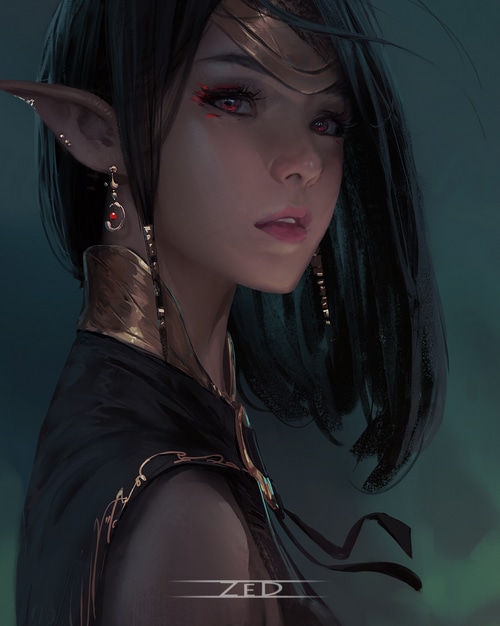 Trungbui's elf woman with dark hair and gold accents