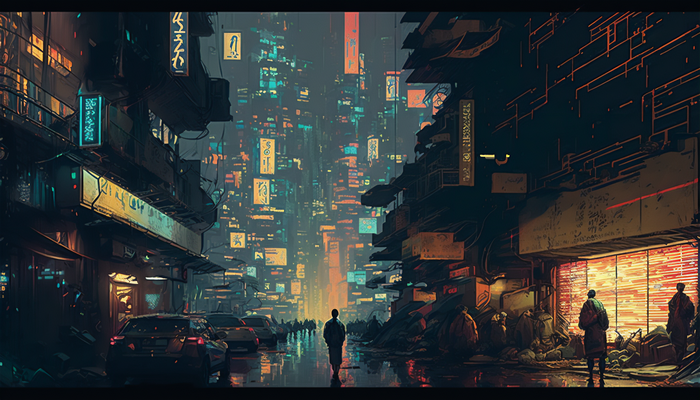 Cyberpunk city street with cars and neon lights