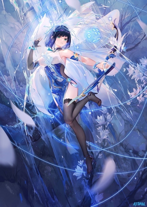 Yelan from Genshin Impact with a bow and dice