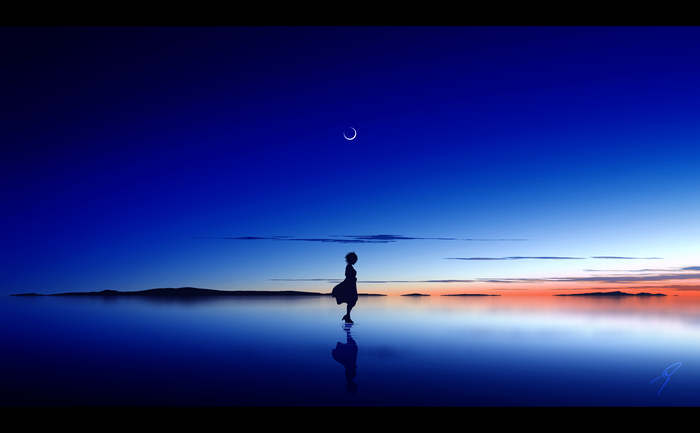 Silhouette of a girl under the moon with reflection