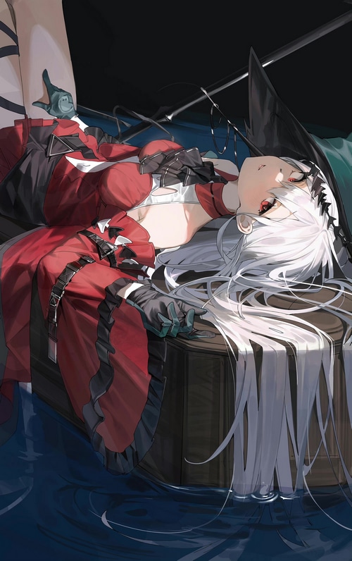 Skadi from Arknights lying on her back