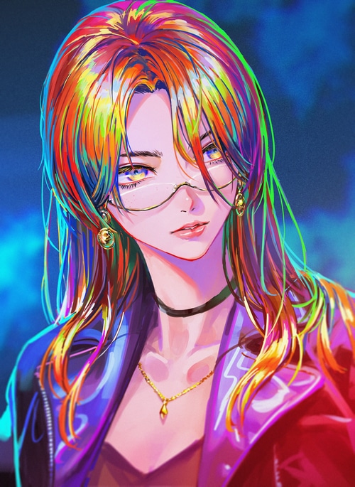 4K anime portrait of a person with rainbow hair and glasses