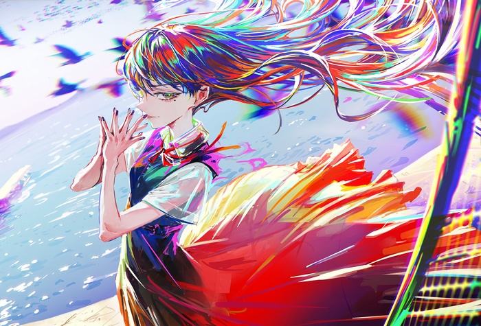 Girl with Rainbow Hair and Birds
