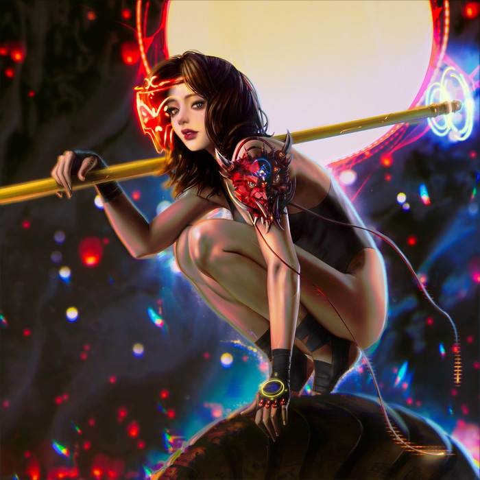 Cyberpunk fantasy girl with mask and staff