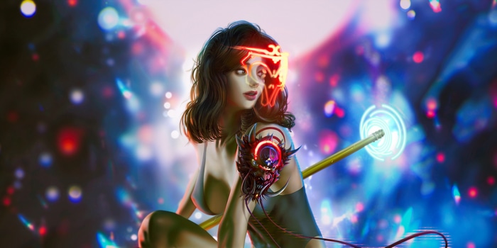 Fantasy girl with cyberpunk mask and staff