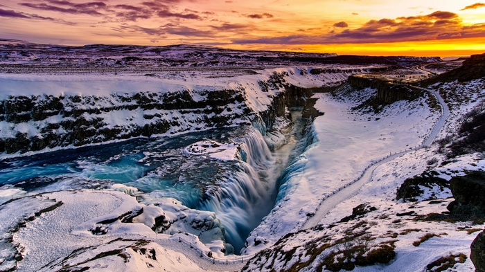 4K Gullfoss Falls in Iceland during sunset