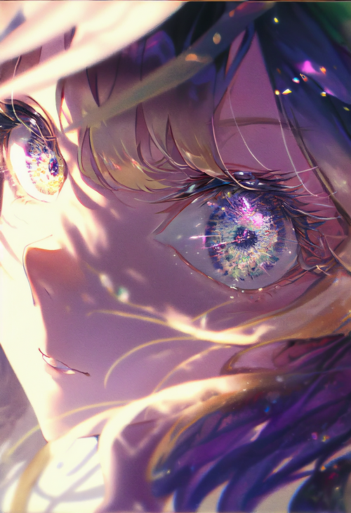 Close-up of anime girl with colorful, multi-colored eyes