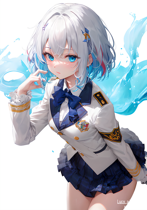Lucy with multi-colored hair and blue eyes in school uniform