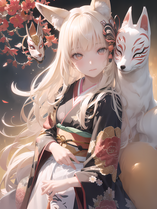 Blonde fox girl in kimono with fox masks and flowers