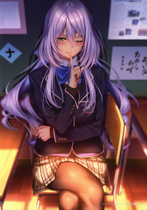 Schoolgirl with purple hair winks in classroom