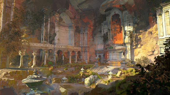 Ancient ruins with a fountain and temple