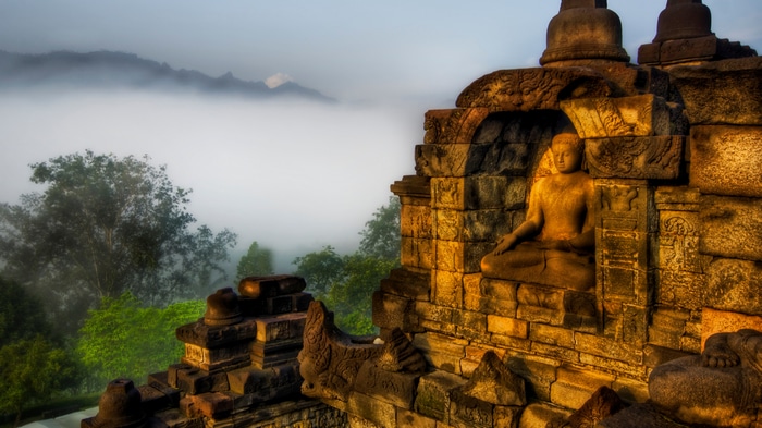 4K Borobudur Buddha Statue in Mist