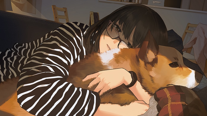Woman hugging a Corgi dog