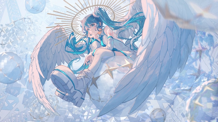 Hatsune Miku as an angel with blue hair and wings
