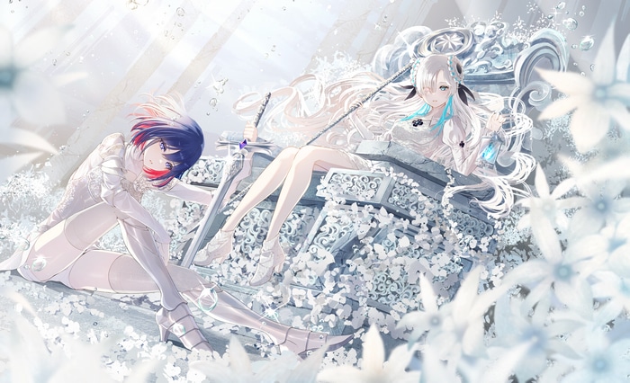 4K anime art with two women and swords