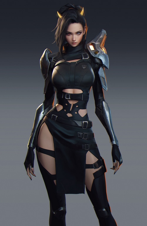 Woman with horns and scars in black armor