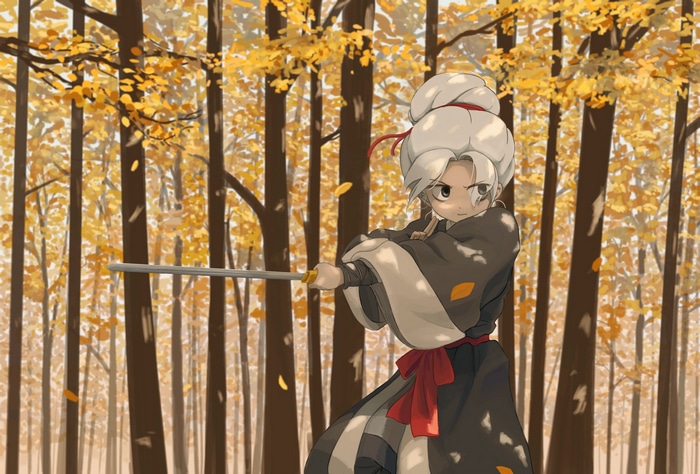 Girl with Katana in Autumn Forest