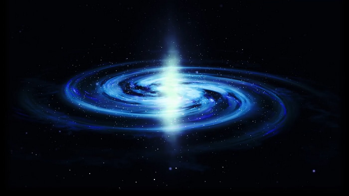 A glowing spiral galaxy with stars