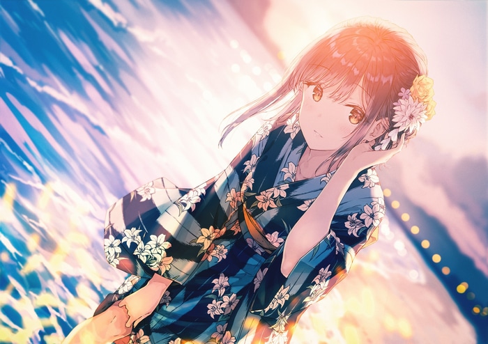 Girl in Yukata with Flowers in Hair at Sunset