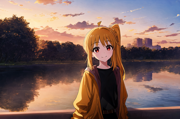 Nijika Ijichi smiling by the water at sunset