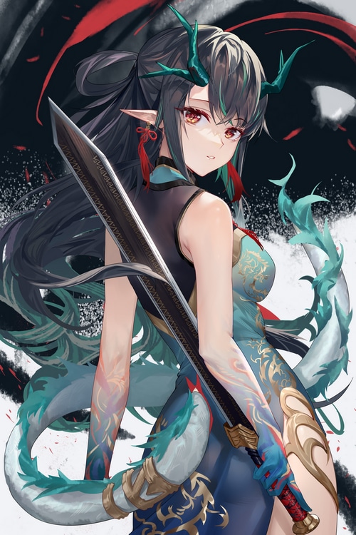 Dusk from Arknights with dragon features and sword