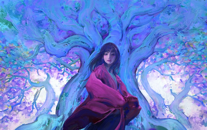 Painting of a woman in a pink robe under a blue tree