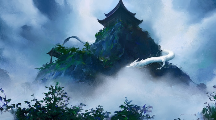 Chinese Dragon and Temple on Mountain