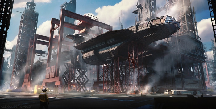 Spaceship construction in a futuristic industrial environment