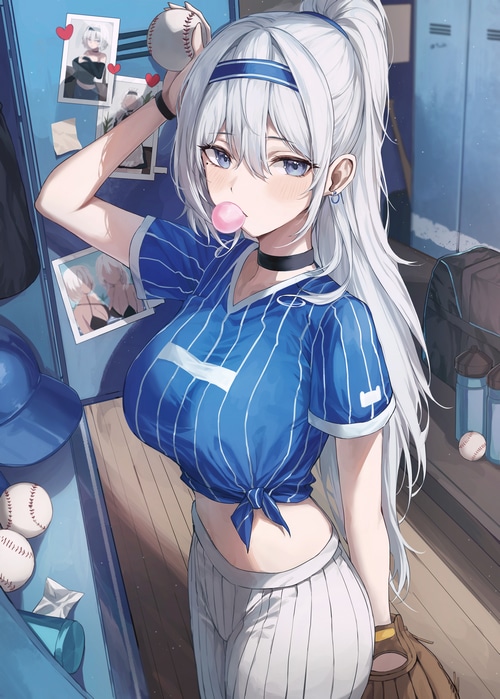 Anime girl in baseball uniform chewing bubble gum