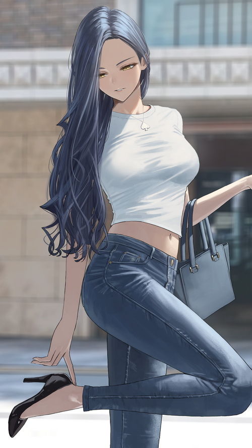 Woman in white crop top and jeans with purse